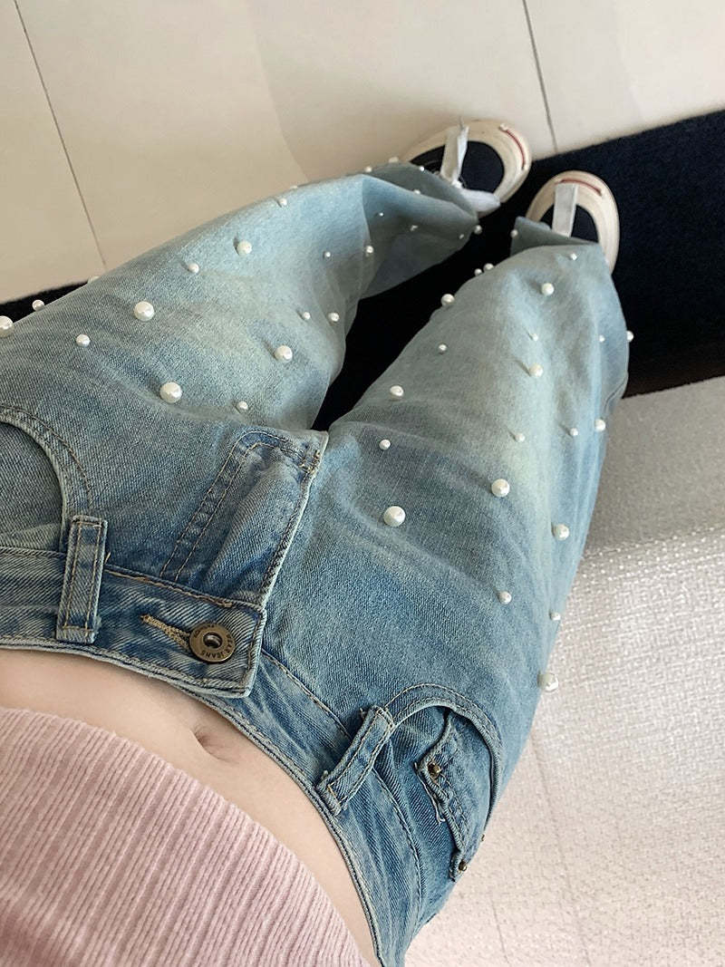 Pearl Straight Jeans High Waist Slim-fit Wide-leg Pants Women