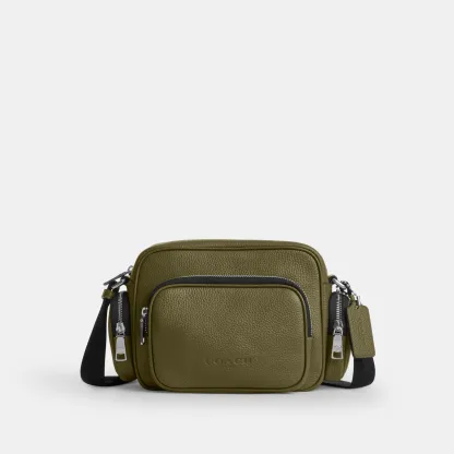 COACH®,Fletcher Crossbody Bag,Leather,Crossbody,Metal Material,Metal,Sustainable,Adjustable,Silver Metal,Casual,Olive,Front View