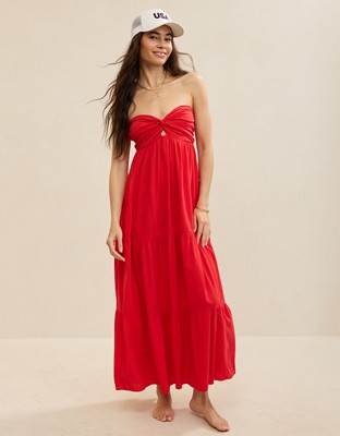 Aerie Strapless Cut Out Maxi Dress - Chilly Red