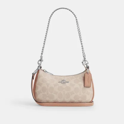 COACH®,Teri Mini Crossbody Bag In Signature Canvas,Polyester,Canvas,Recycled Polyester,Shoulder Bag,Adjustable,2 in 1,Vega...,Beige,Front View