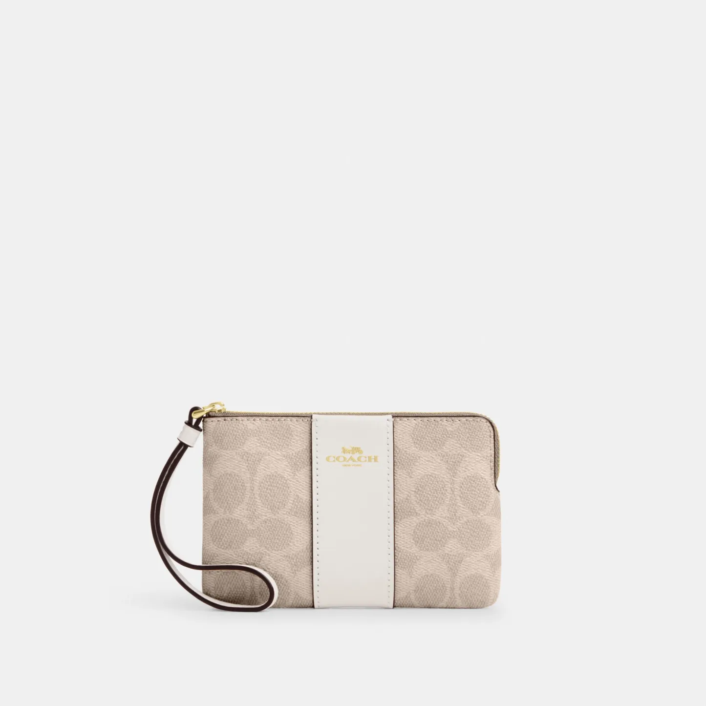 COACH®,Corner Zip Wristlet In Signature Canvas With Stripe,Wristlet,Pouch,Color Block,Casual,Beige,Front View