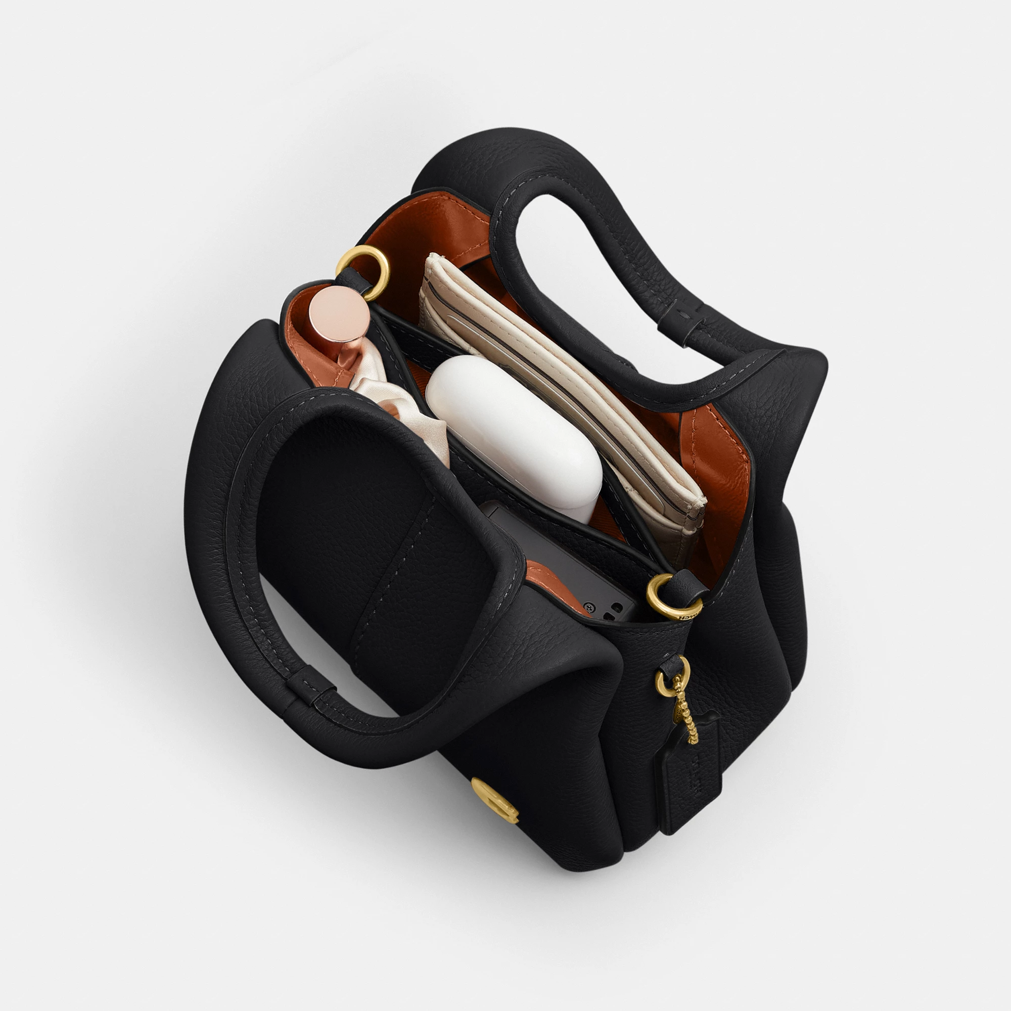 COACH®,Lana Shoulder Bag 19,Leather,Crossbody,Metal,Logo,Shoulder Guard,Brass,Casual,Black,Inside View,Top View