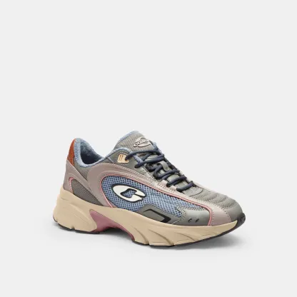 COACH®,Bolt Runner Sneaker,Leather,Rubber,Mesh,Low Top,Activewear,Fabric,Color Block,Logo,Cushioned,Flexible Insole,Pull T...,Beige,Front View