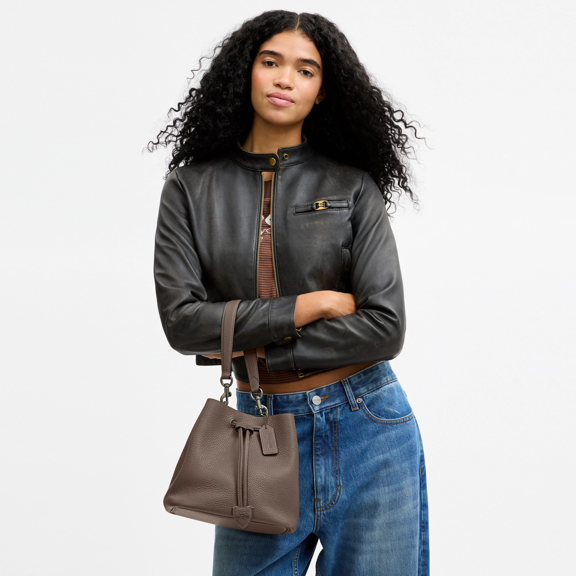 COACH®,Rowan Bucket Bag,Leather,Bucket,Metal,Logo,Casual,Brown,Detail View
