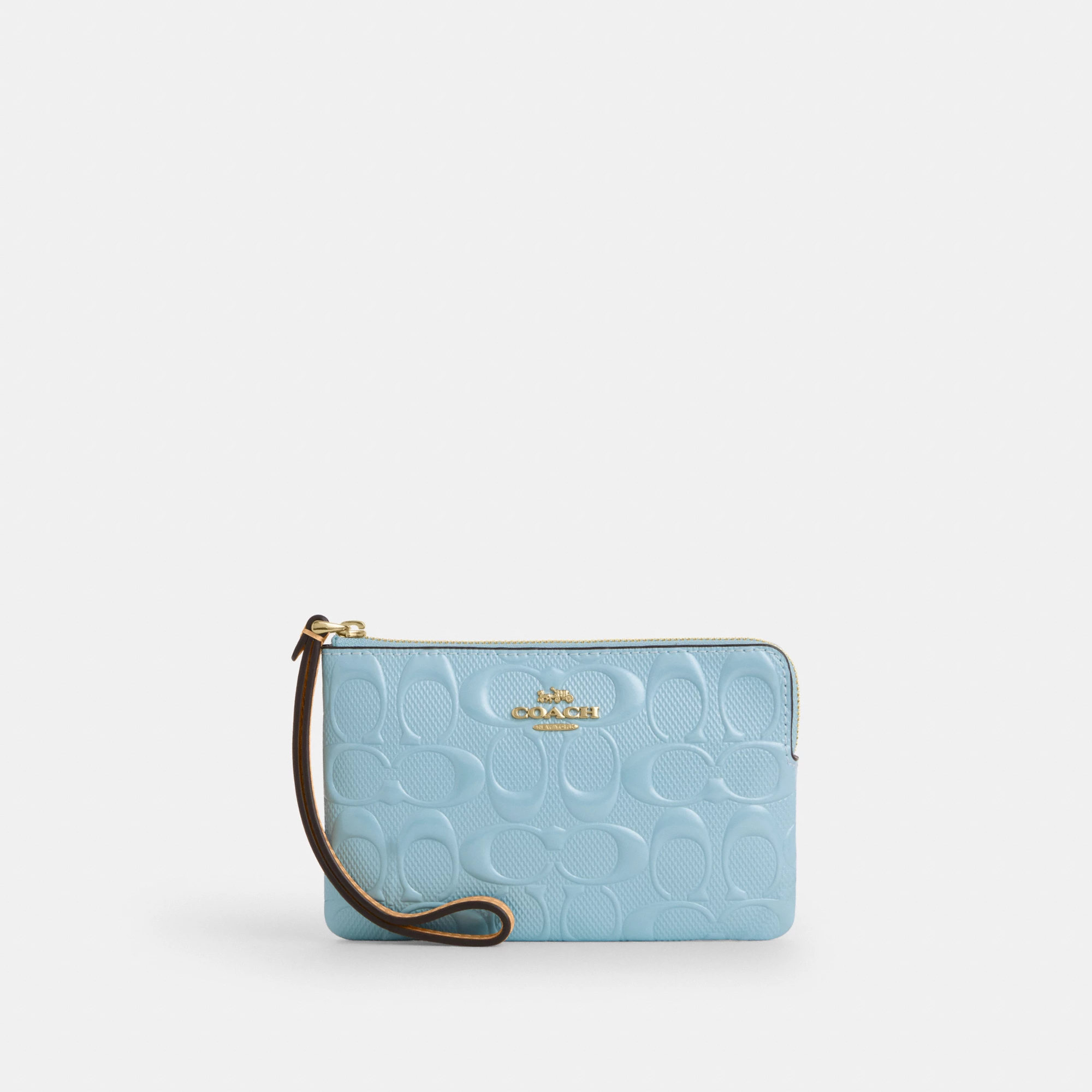 COACH®,Corner Zip Wristlet In Signature Leather,Leather,Recycled Polyester,Wristlet,Gold Metal,Casual,Blue,Front View