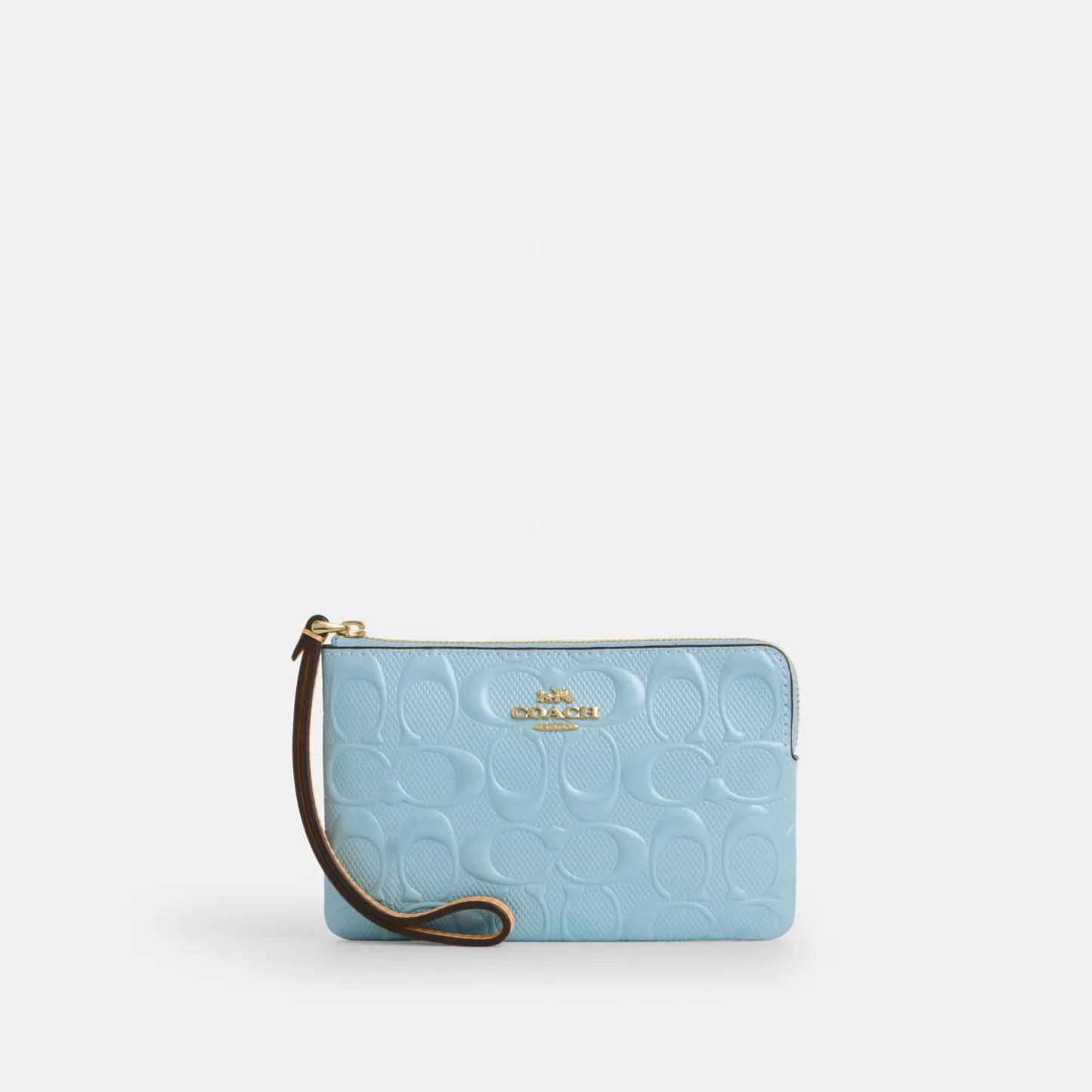 COACH®,Corner Zip Wristlet In Signature Leather,Leather,Recycled Polyester,Wristlet,Gold Metal,Casual,Blue,Front View