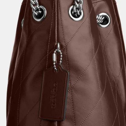 COACH®,Evelyn Shoulder Bag With Quilting,Leather,Bucket,Metal,Logo,Gold Metal,Day Party,Brown,Closer View