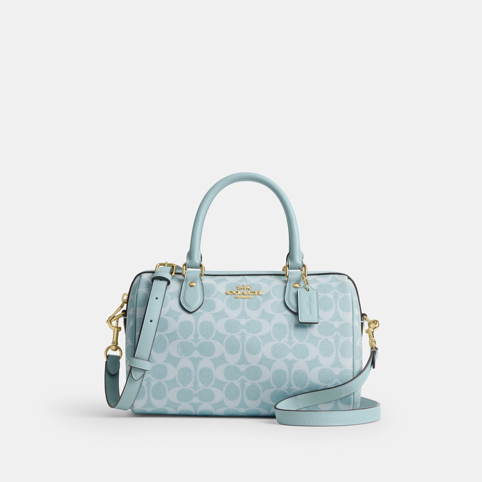COACH®,Rowan Satchel Bag In Signature Canvas,Recycled Polyester,Canvas,Leather,Satchel,Logo,Adjustable,Gold Metal,Casual,Blue,Front View