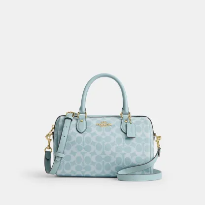 COACH®,Rowan Satchel Bag In Signature Canvas,Recycled Polyester,Canvas,Leather,Satchel,Logo,Adjustable,Gold Metal,Casual,Blue,Front View