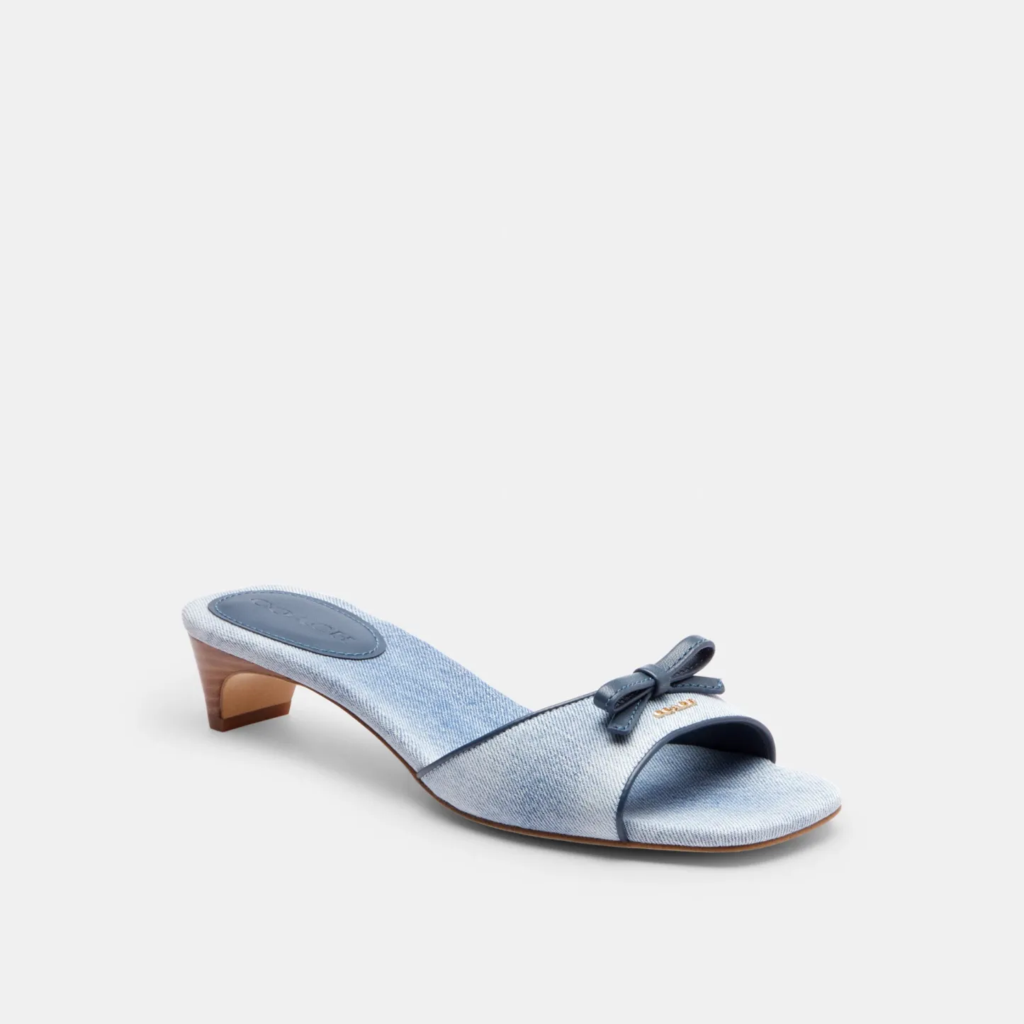 COACH®,Bow Kitten Heel Sandal In Loved Denim,Leather,Rubber,Denim,Sandals,Fabric,Bow,Traction,Casual,Blue,Front View
