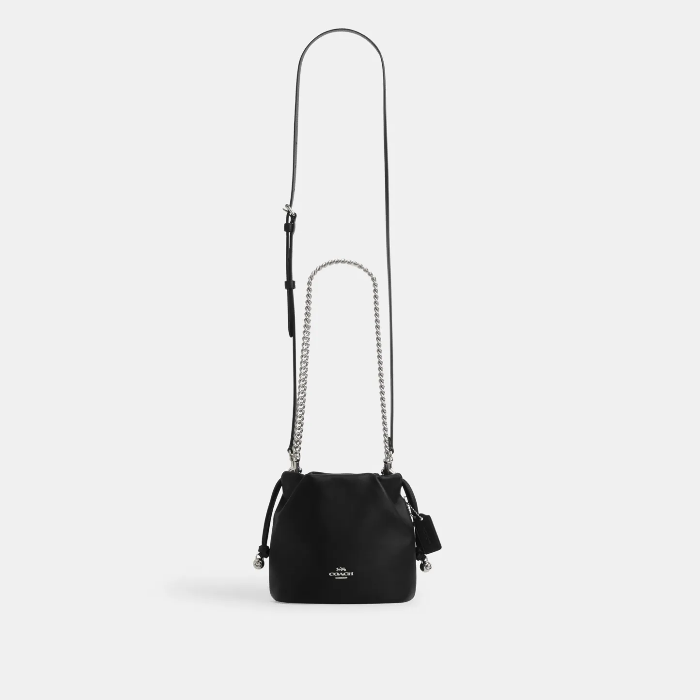 COACH®,Faye Mini Drawstring Bag,Leather,Bucket,Logo,Metal,Silver Metal,Day Party,Black