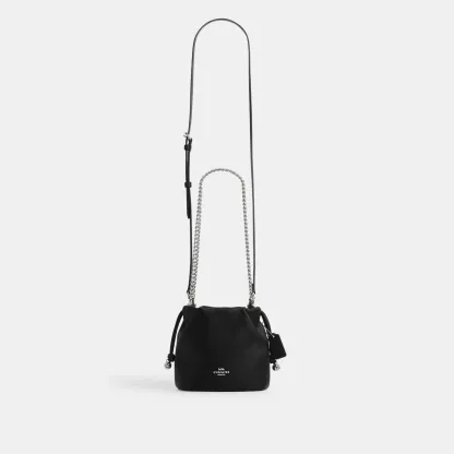 COACH®,Faye Mini Drawstring Bag,Leather,Bucket,Logo,Metal,Silver Metal,Day Party,Black