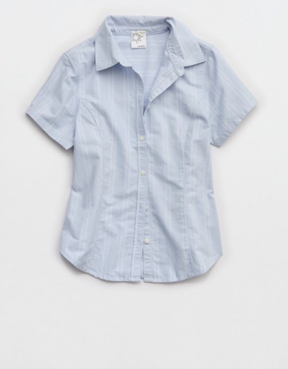 OFFLINE By Aerie Oxford Slim Short Sleeve Button Up Shirt - Eyelet Blue