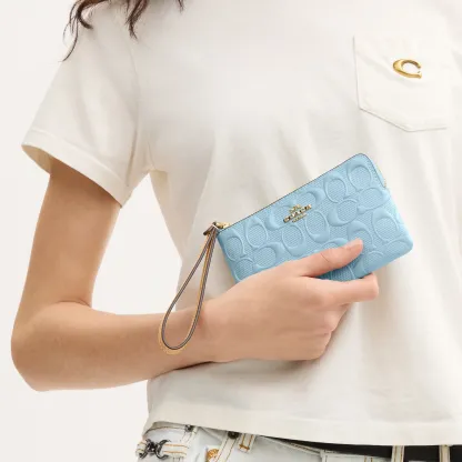 COACH®,Corner Zip Wristlet In Signature Leather,Leather,Recycled Polyester,Wristlet,Gold Metal,Casual,Blue,Detail View