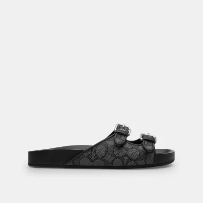 COACH®,Two Band Buckle Sandal In Signature Jacquard,Recycled Polyester,Cotton,Rubber,Polyester,Recycled Cotton,Slides,Fabr...,Black,Angle View