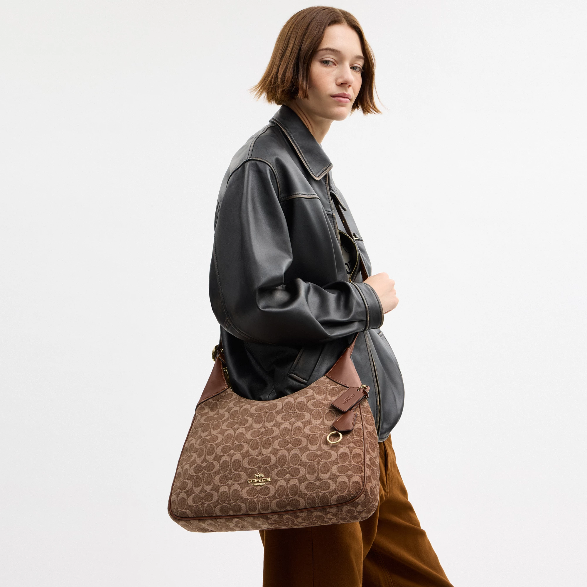 COACH®,Ella Shoulder Bag In Signature Chenille,Mixed Media,Leather,Crossbody,Word Embellishment,Logo,Metal,Lined,Adjustabl...,Brown,Detail View