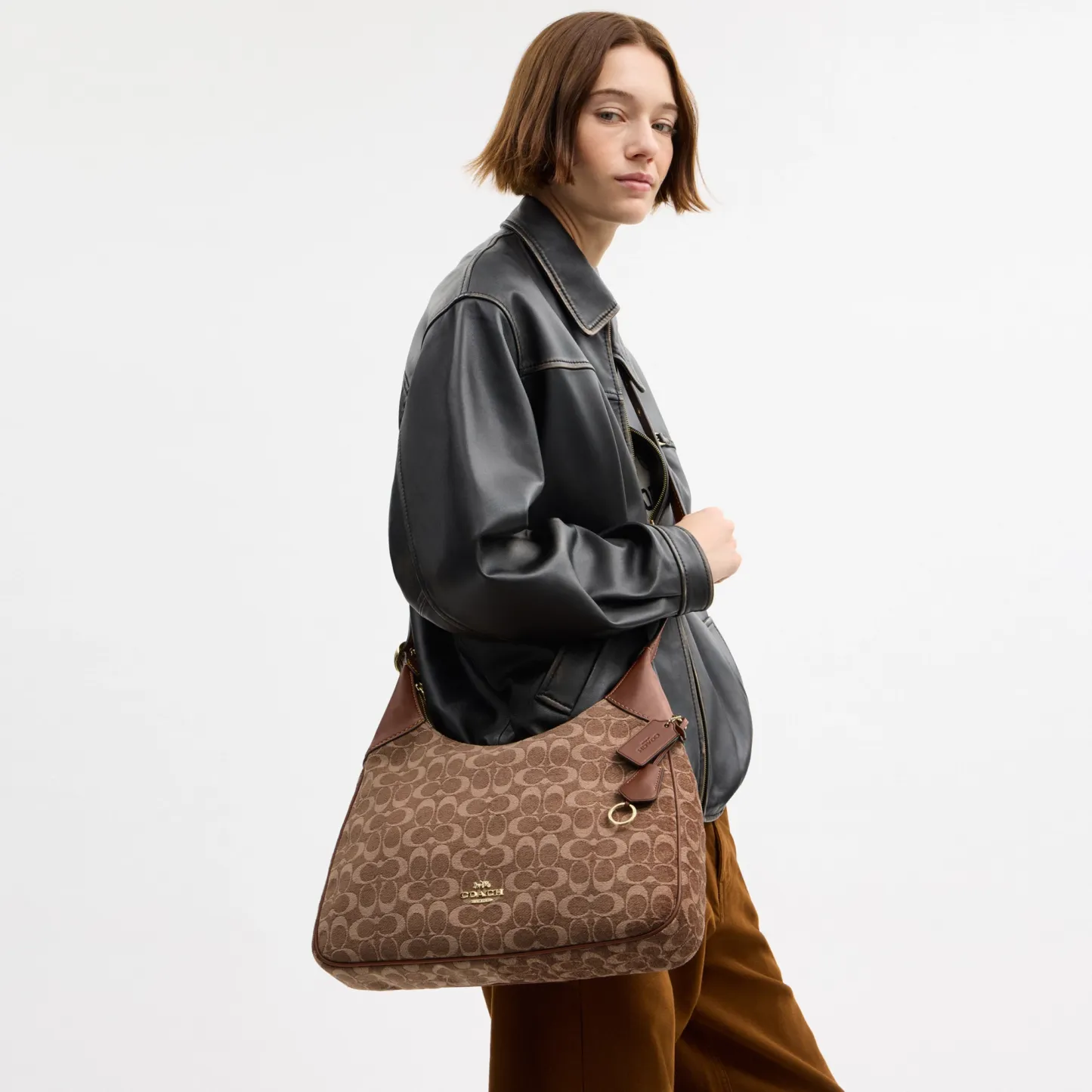 COACH®,Ella Shoulder Bag In Signature Chenille,Mixed Media,Leather,Crossbody,Word Embellishment,Logo,Metal,Lined,Adjustabl...,Brown,Detail View