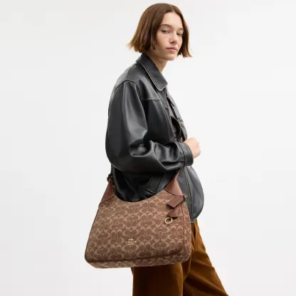 COACH®,Ella Shoulder Bag In Signature Chenille,Mixed Media,Leather,Crossbody,Word Embellishment,Logo,Metal,Lined,Adjustabl...,Brown,Detail View