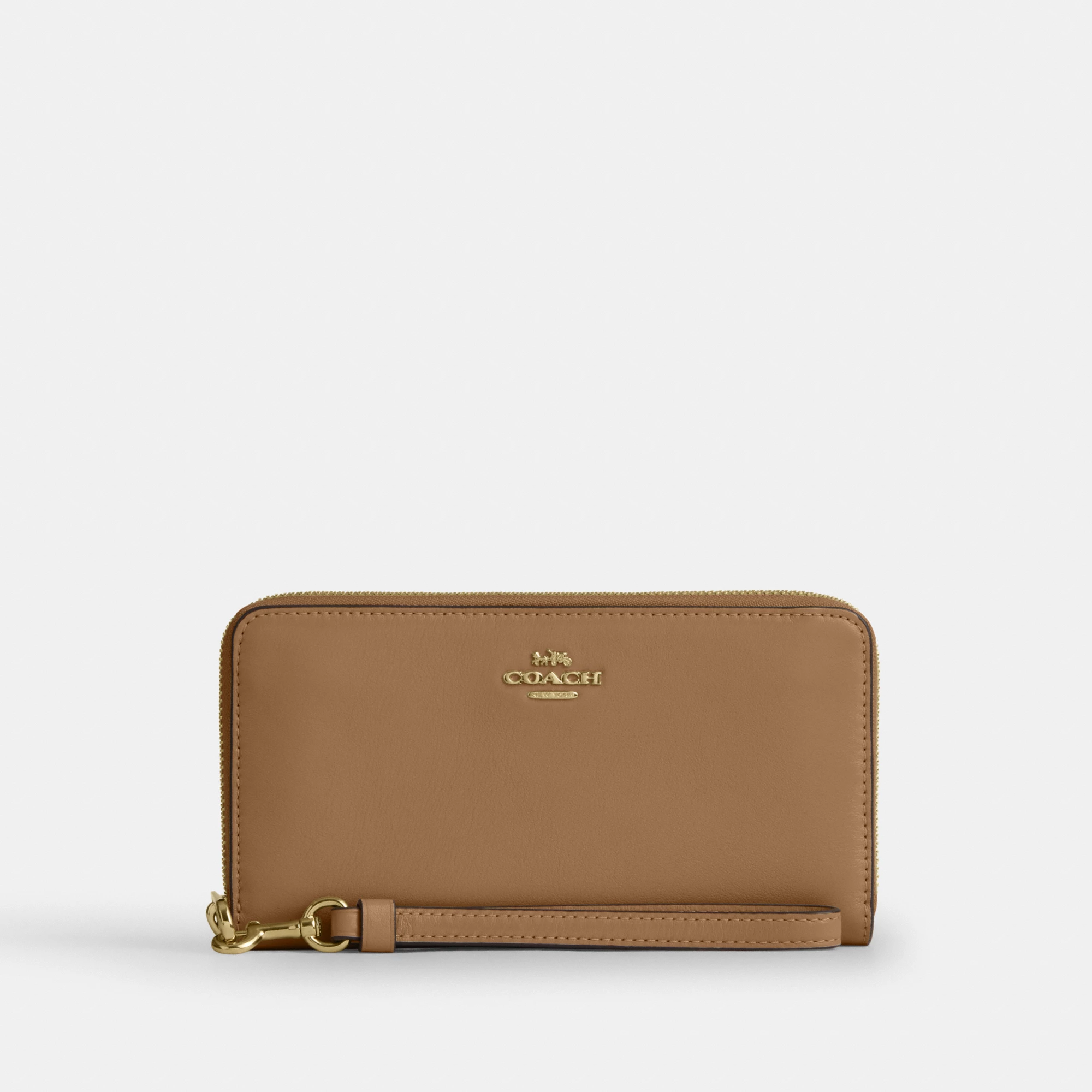 COACH®,Long Zip Around Wallet,Leather,Wristlet,Continental,Logo,Metal,Casual,Brown,Front View