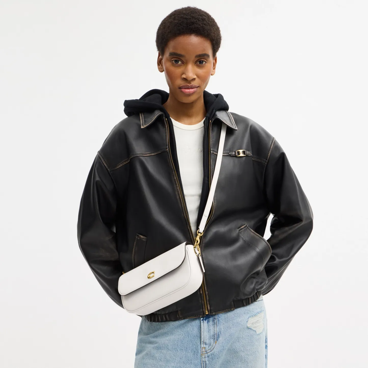 COACH®,Brook Flap Chain Bag,Calfskin Leather,Leather,Fabric,Shoulder Bag,Logo,Metal,Compact,Adjustable,Shoulder Guard,Gold...,White