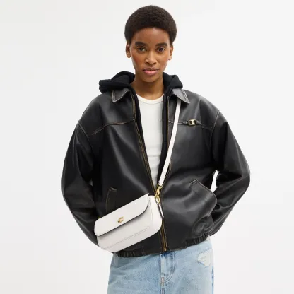 COACH®,Brook Flap Chain Bag,Calfskin Leather,Leather,Fabric,Shoulder Bag,Logo,Metal,Compact,Adjustable,Shoulder Guard,Gold...,White