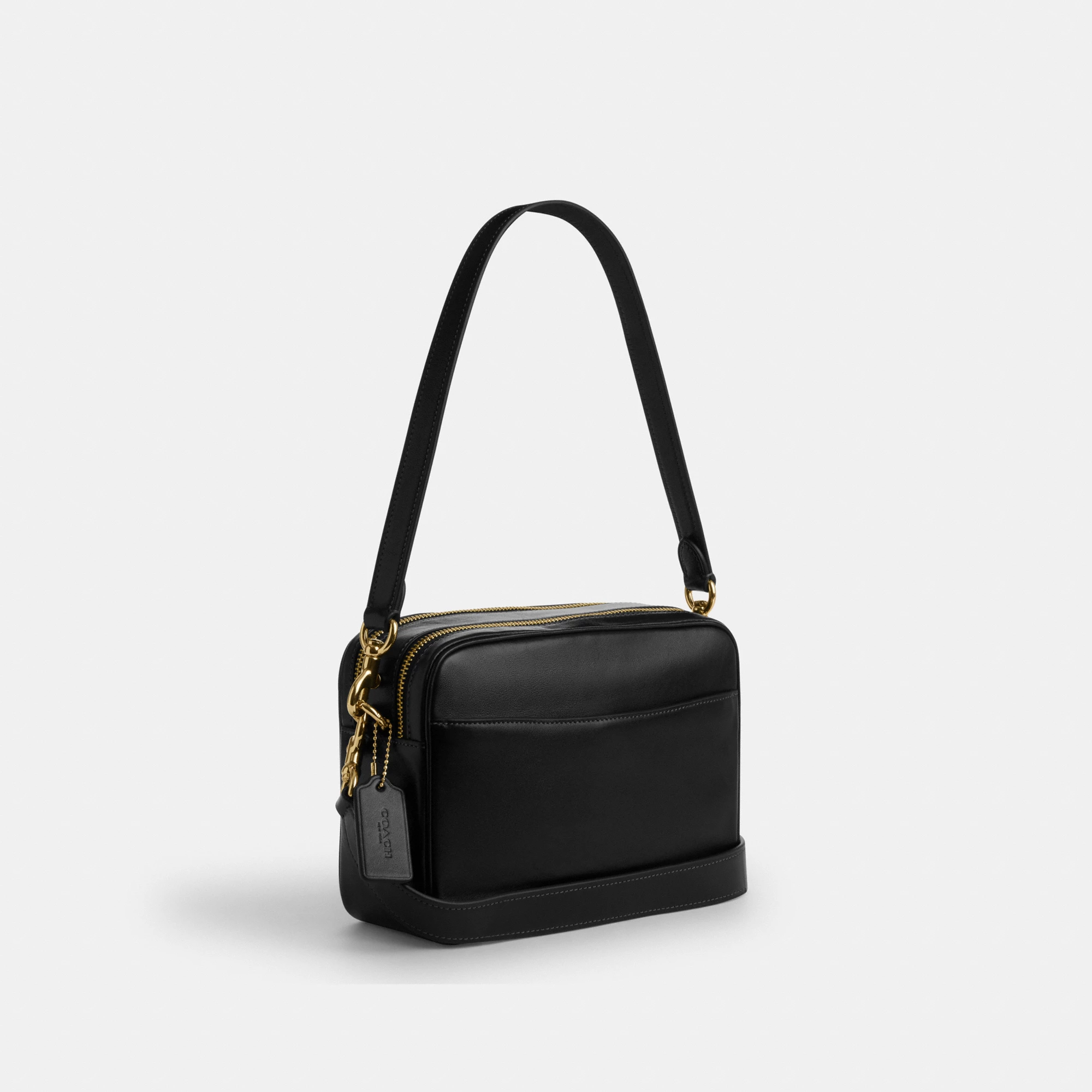 COACH®,Carey Crossbody Bag,Recycled Polyester,Leather,Camera Bag,Metal,Logo,Adjustable,Lined,Gold Metal,Casual,Black,Angle View