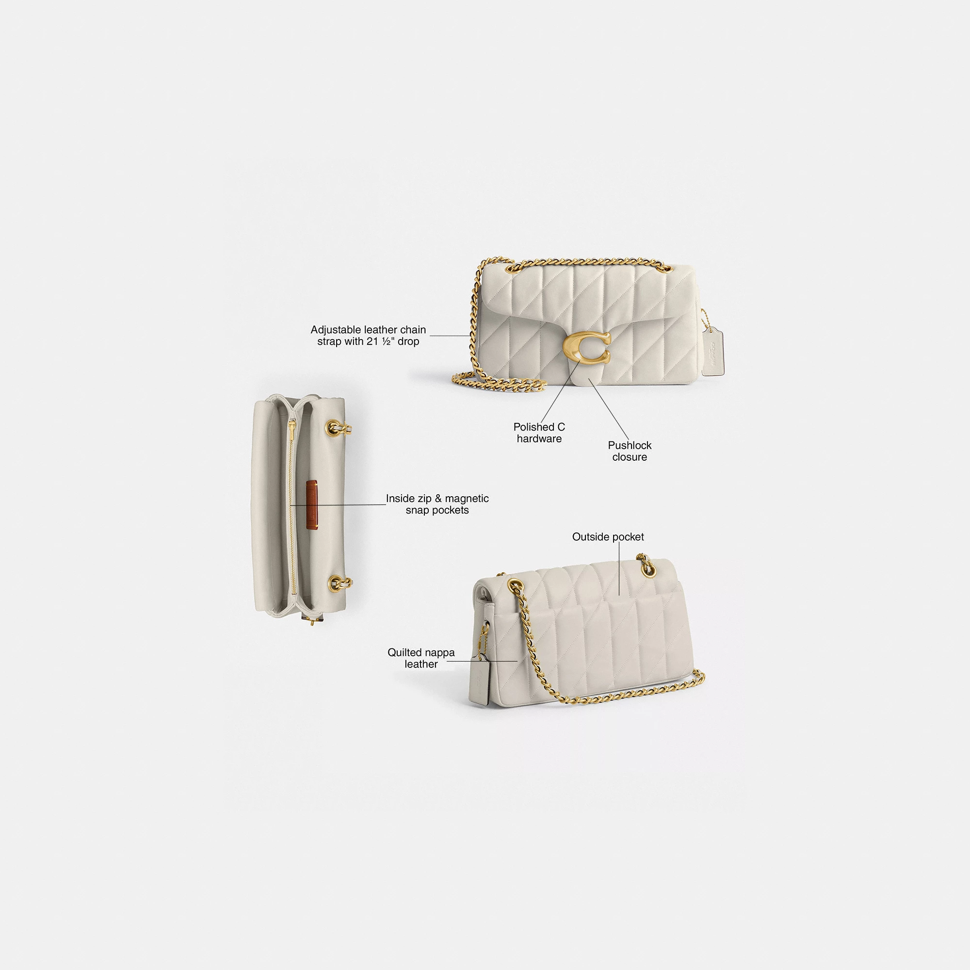 COACH®,Tabby Shoulder Bag 26 With Pillow Quilting,Leather,Shoulder Bag,Metal,Logo,Shoulder Guard,Silver Metal,Day Party,Cream