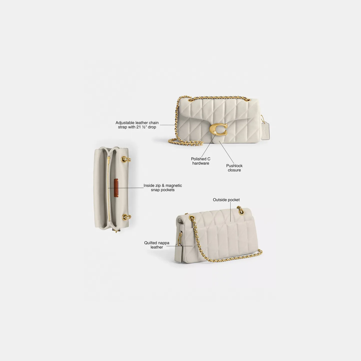 COACH®,Tabby Shoulder Bag 26 With Pillow Quilting,Leather,Shoulder Bag,Metal,Logo,Shoulder Guard,Silver Metal,Day Party,Cream