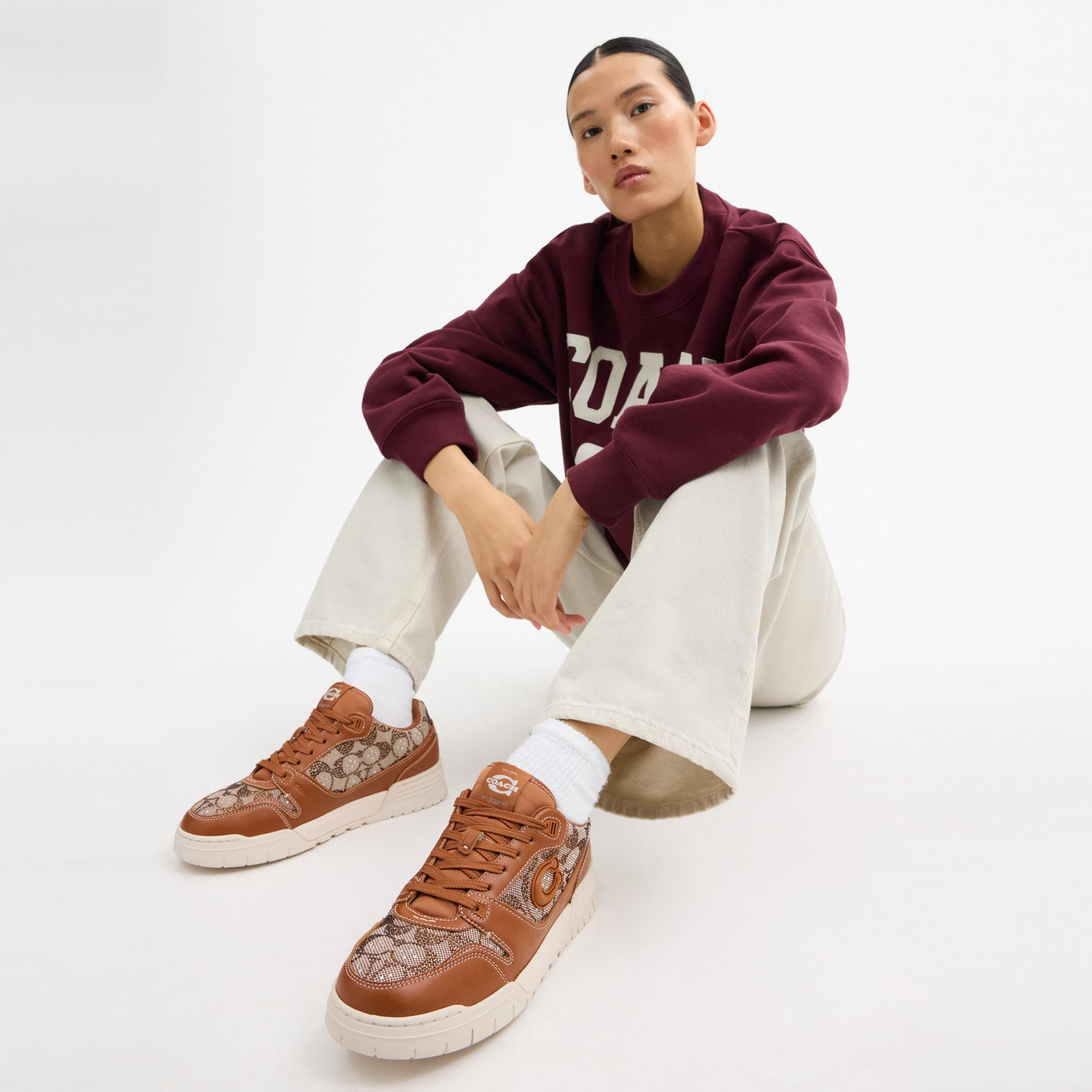 COACH®,Soho Sneaker In Crystal Signature Jacquard,Rubber,Casual,Fabric,Logo,Rhinestones,Pull Tab,Casual,Brown,Detail View