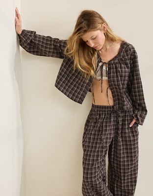 Aerie Seersucker Long Sleeve Volume Tie Top - Deep Earth