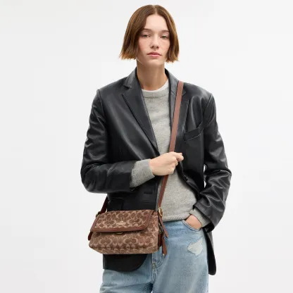 COACH®,Etta Small Flap Shoulder Bag In Signature Chenille,Leather,Fabric,Shoulder Bag,Word Embellishment,Logo,Adjustable,C...,Brown,Detail View