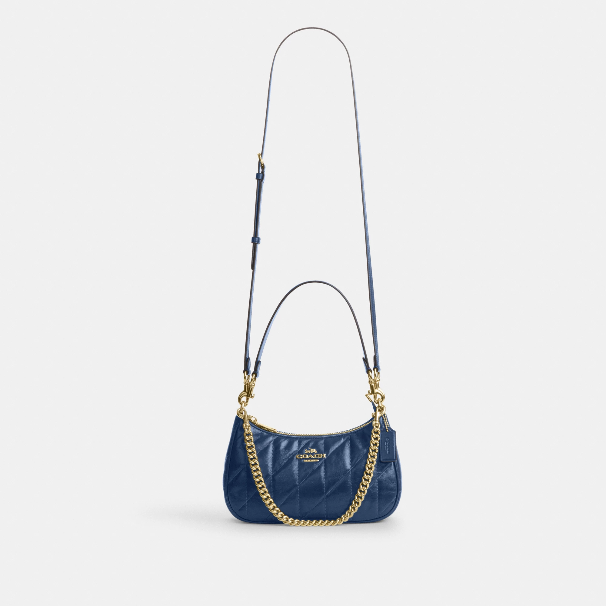 COACH®,Teri Shoulder Bag With Quilting,Recycled Polyester,Leather,Shoulder Bag,Metal,Logo,Silver Metal,Casual,Blue