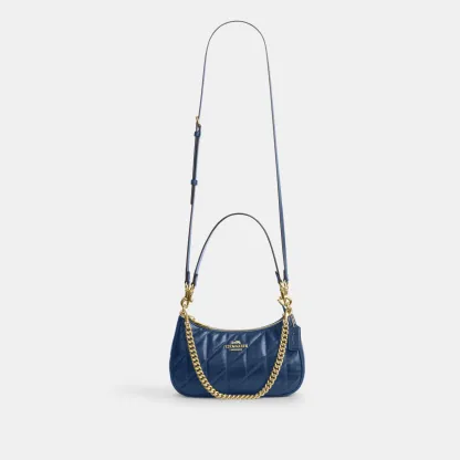 COACH®,Teri Shoulder Bag With Quilting,Recycled Polyester,Leather,Shoulder Bag,Metal,Logo,Silver Metal,Casual,Blue