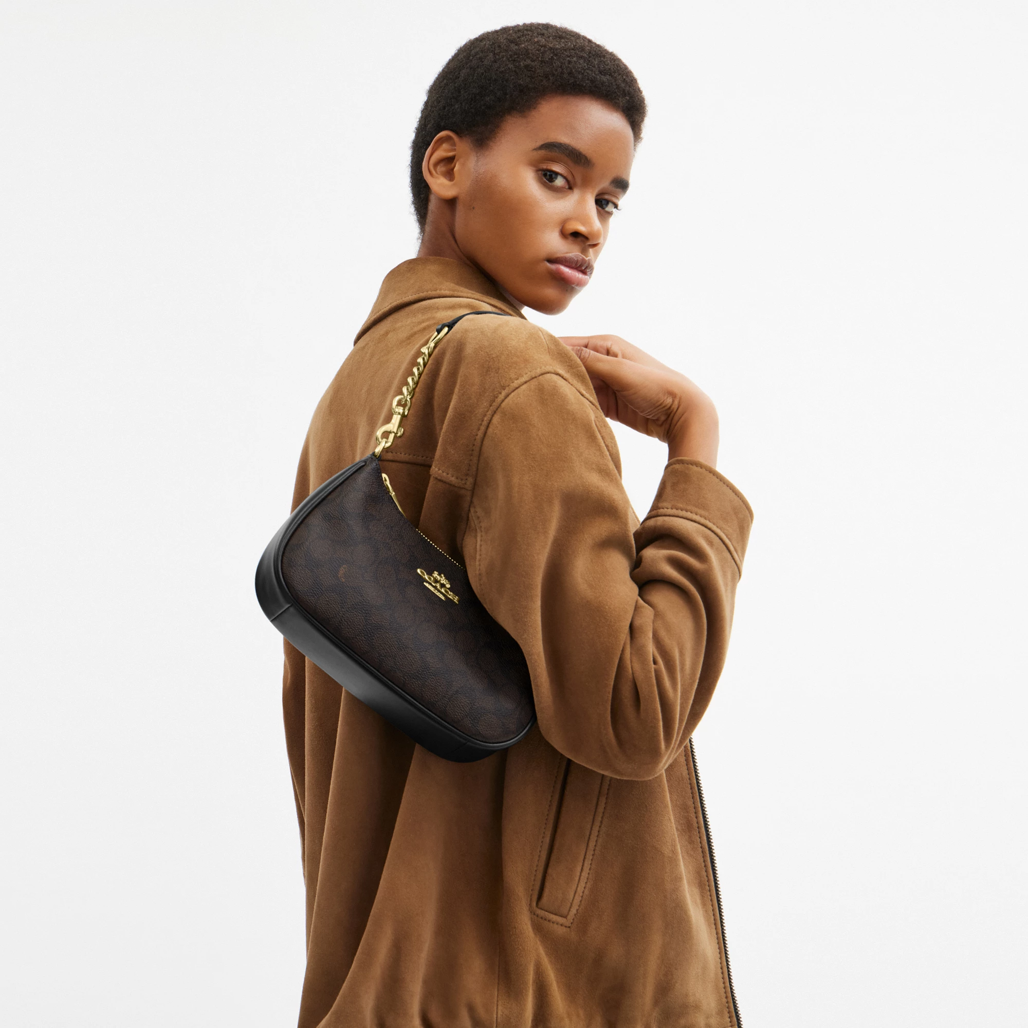 COACH®,Teri Shoulder Bag In Signature Canvas,Shoulder Bag,Logo,Tag Embellishment,Embossed,Metal,Casual,Brown,Detail View
