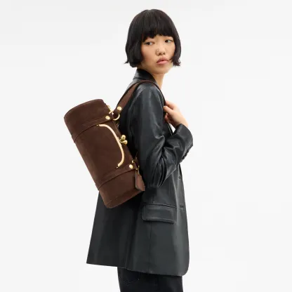 COACH®,Kisslock Barrel Bag,Lining Cotton Knit,Lining Cotton,Suede,Barrel Bag,Pendant,Brass,Day Party,Brown,Detail View
