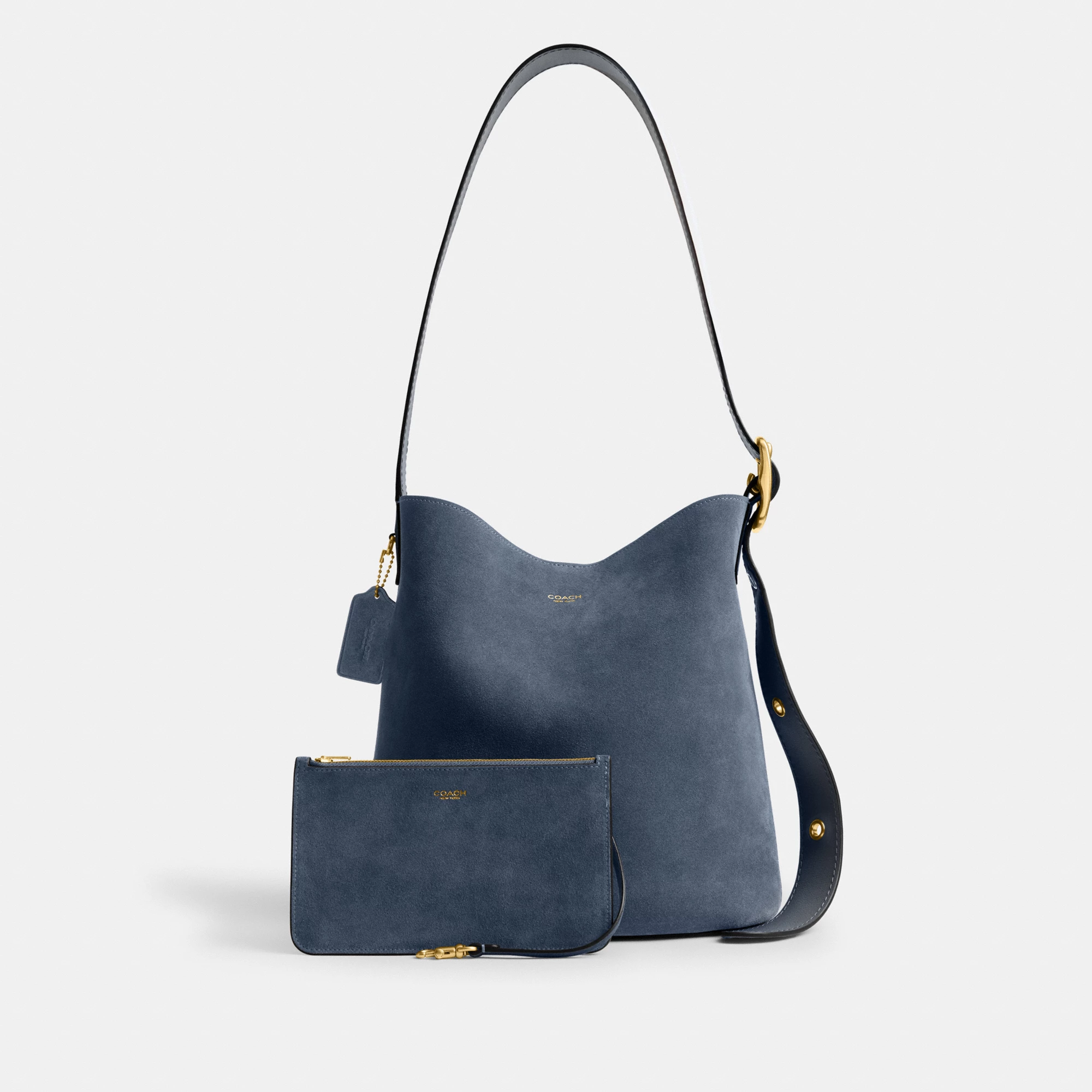 COACH®,Bleecker Bucket Bag,Leather,Suede,Bucket,Hobo,Embellished,Lined,Adjustable,Gold Metal,Casual,Navy,Angle View