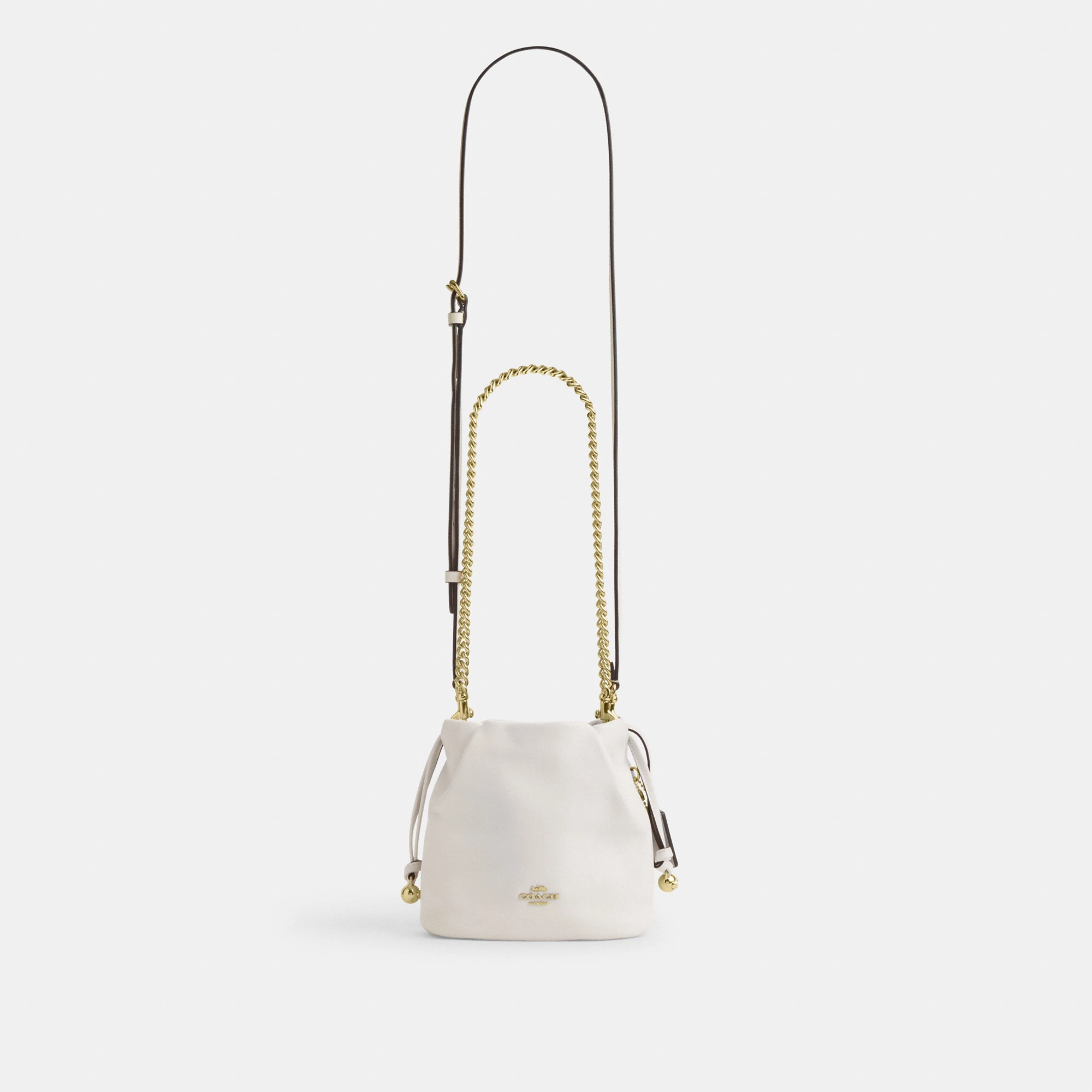 COACH®,Faye Mini Drawstring Bag,Leather,Bucket,Logo,Metal,Silver Metal,Day Party,White