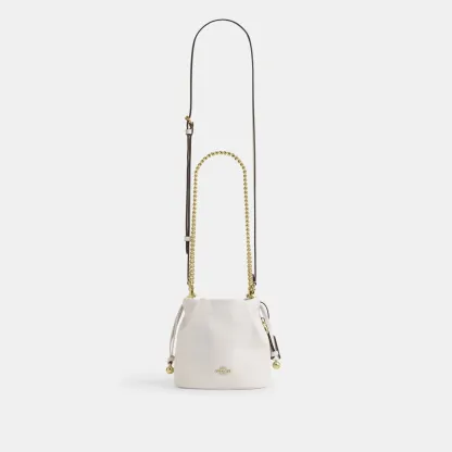 COACH®,Faye Mini Drawstring Bag,Leather,Bucket,Logo,Metal,Silver Metal,Day Party,White
