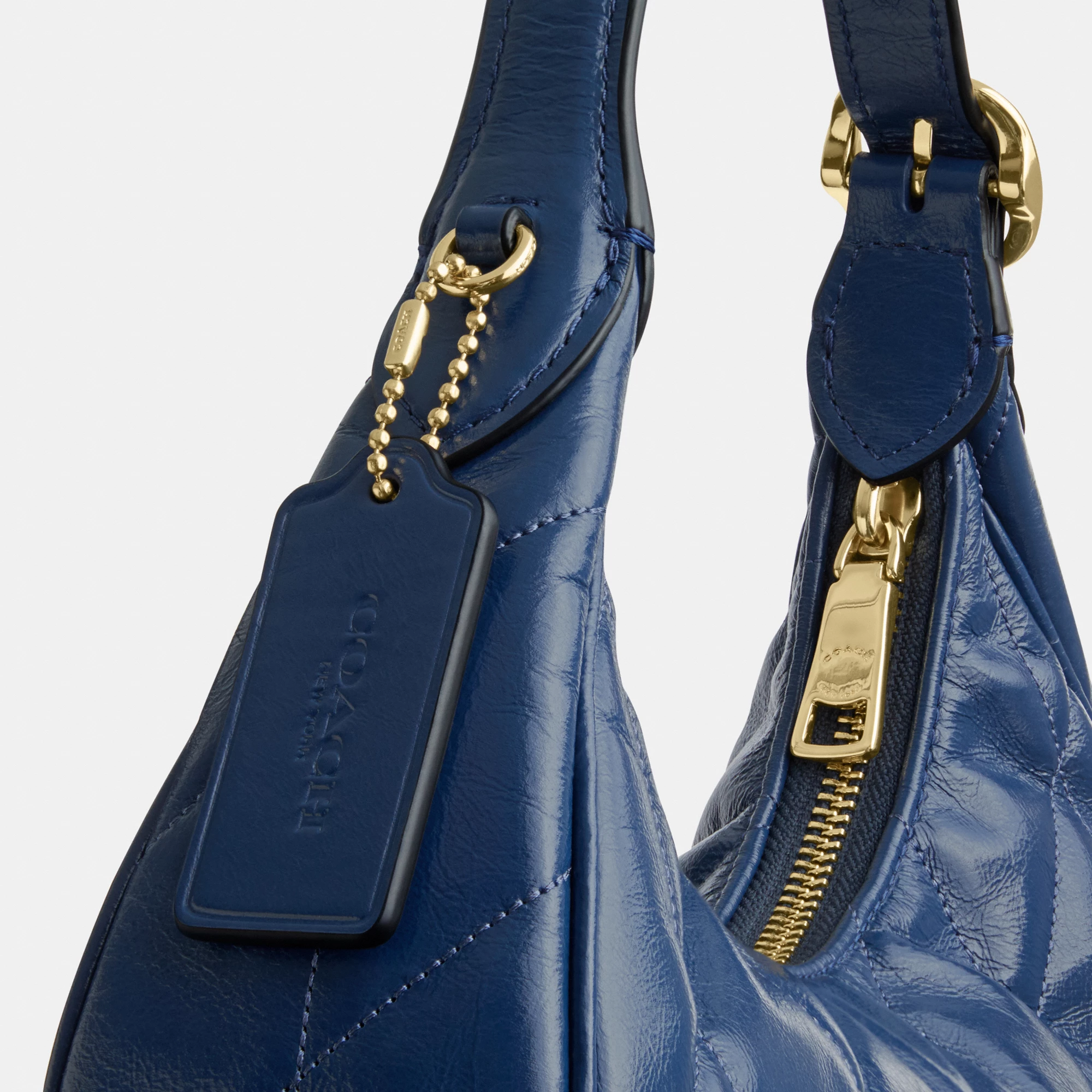 COACH®,Emily Shoulder Bag With Quilting,Recycled Polyester,Leather,Hobo,Pendant,Metal,Sustainable,Adjustable,Gold Metal,Da...,Blue,Closer View