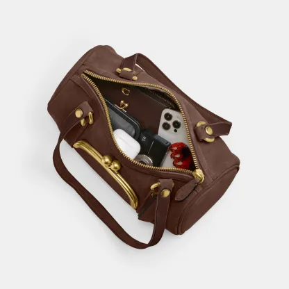 COACH®,Kisslock Barrel Bag,Lining Cotton Knit,Lining Cotton,Suede,Barrel Bag,Pendant,Brass,Day Party,Brown,Inside View,Top View