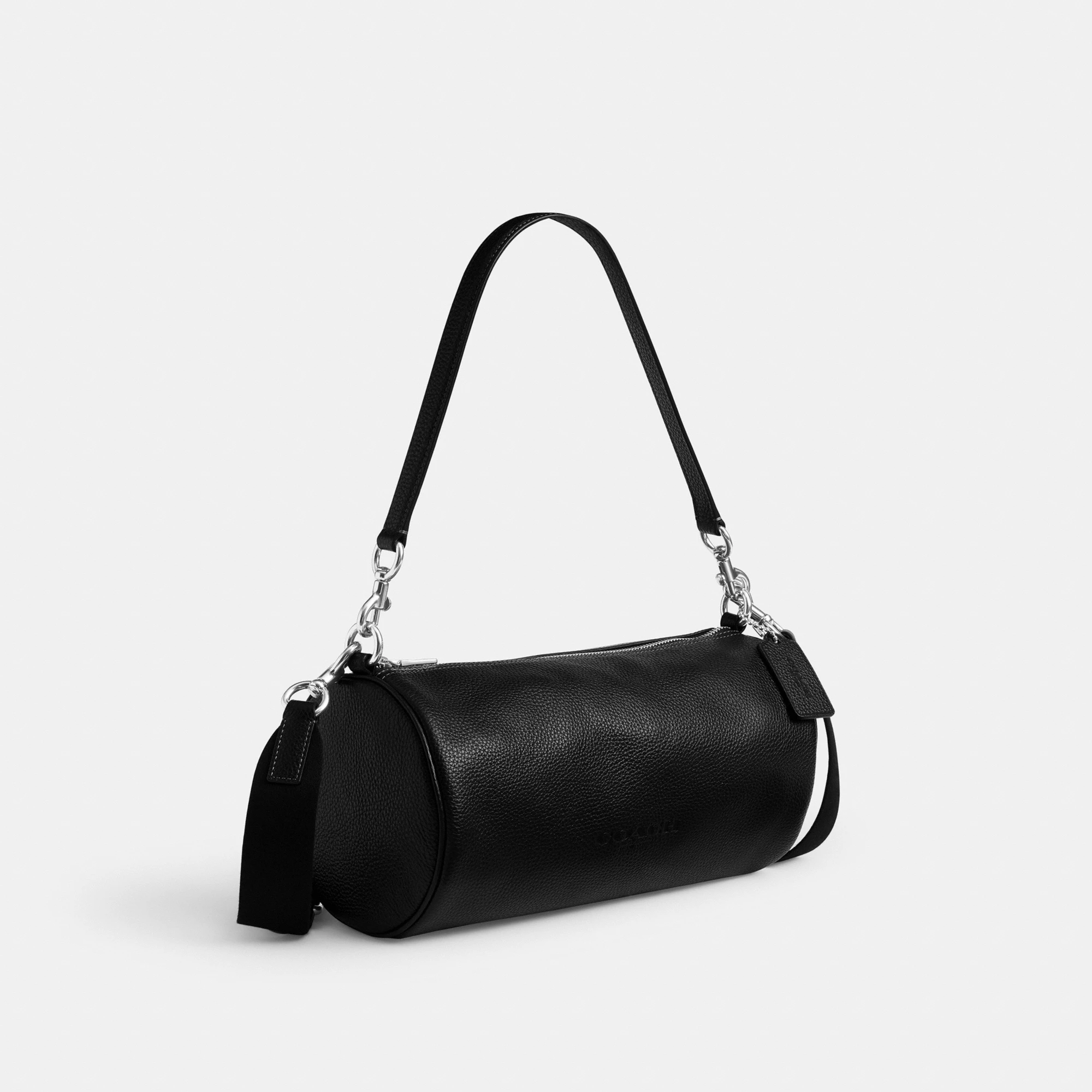 COACH®,Andre Barrel Bag 30,Leather,Recycled Polyester,Barrel Bag,Adjustable,Sustainable,Convertible,Durable Fabric,Silver ...,Black,Angle View