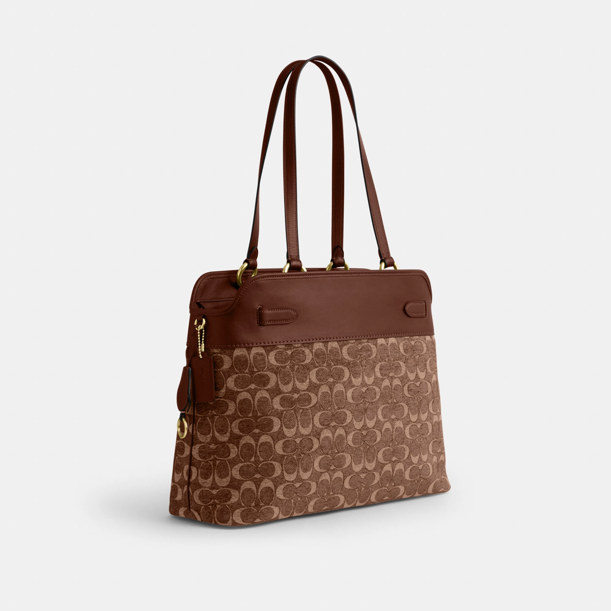 COACH®,Easton Tote Bag In Signature Chenille,Leather,Tote,Logo,Color Block,Lined,Stain Resistant,Gold Metal,Work,Brown,Angle View