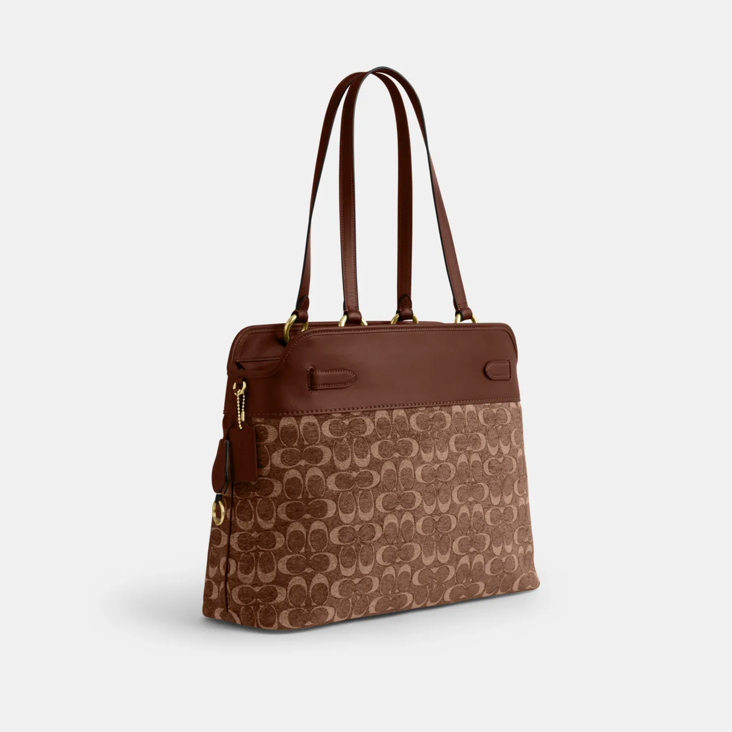 COACH®,Easton Tote Bag In Signature Chenille,Leather,Tote,Logo,Color Block,Lined,Stain Resistant,Gold Metal,Work,Brown,Angle View