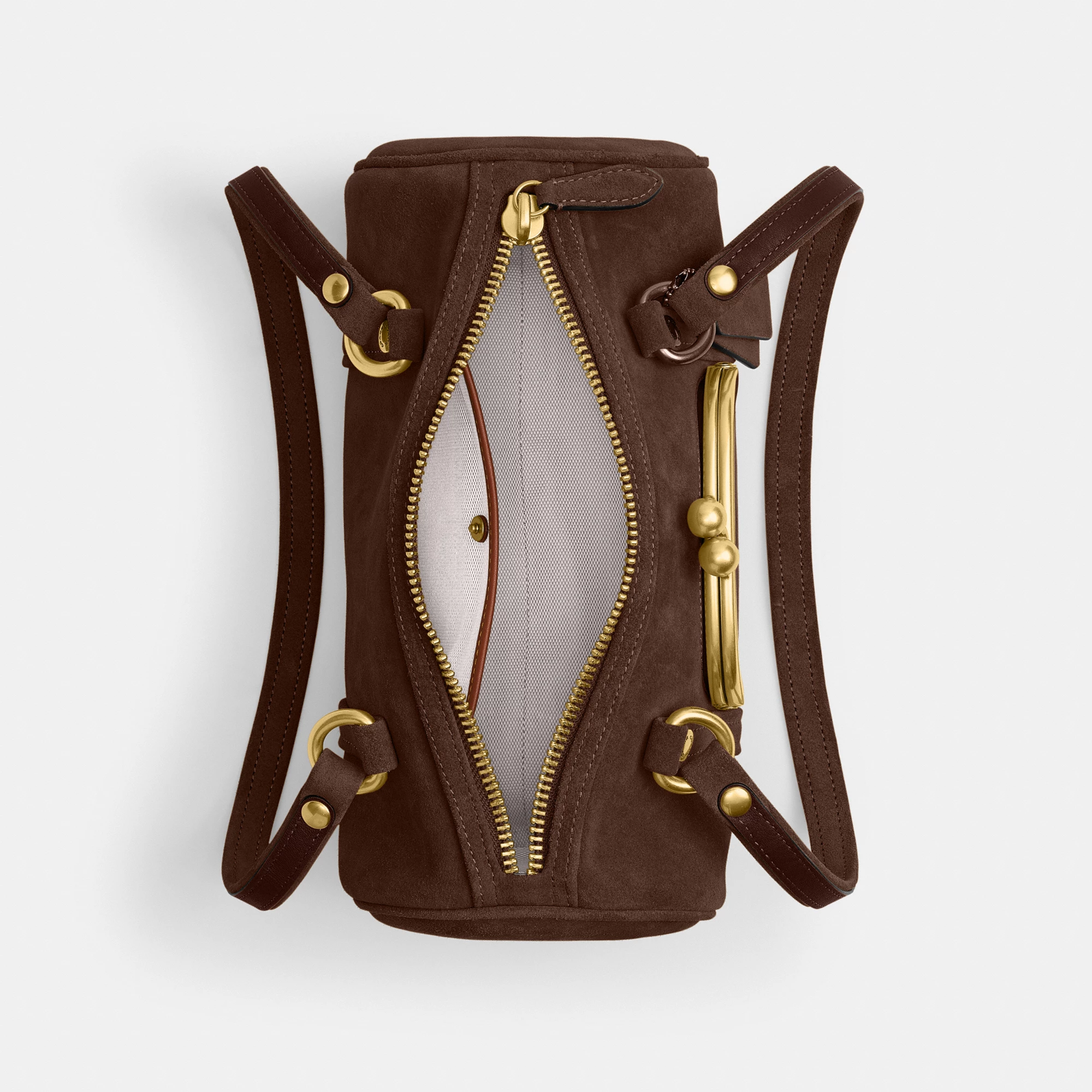COACH®,Kisslock Barrel Bag 28,Lining Cotton,Suede,Leather,Barrel Bag,Pendant,Sustainable,Compact,Brass,Day Party,Brown,Inside View,Top View