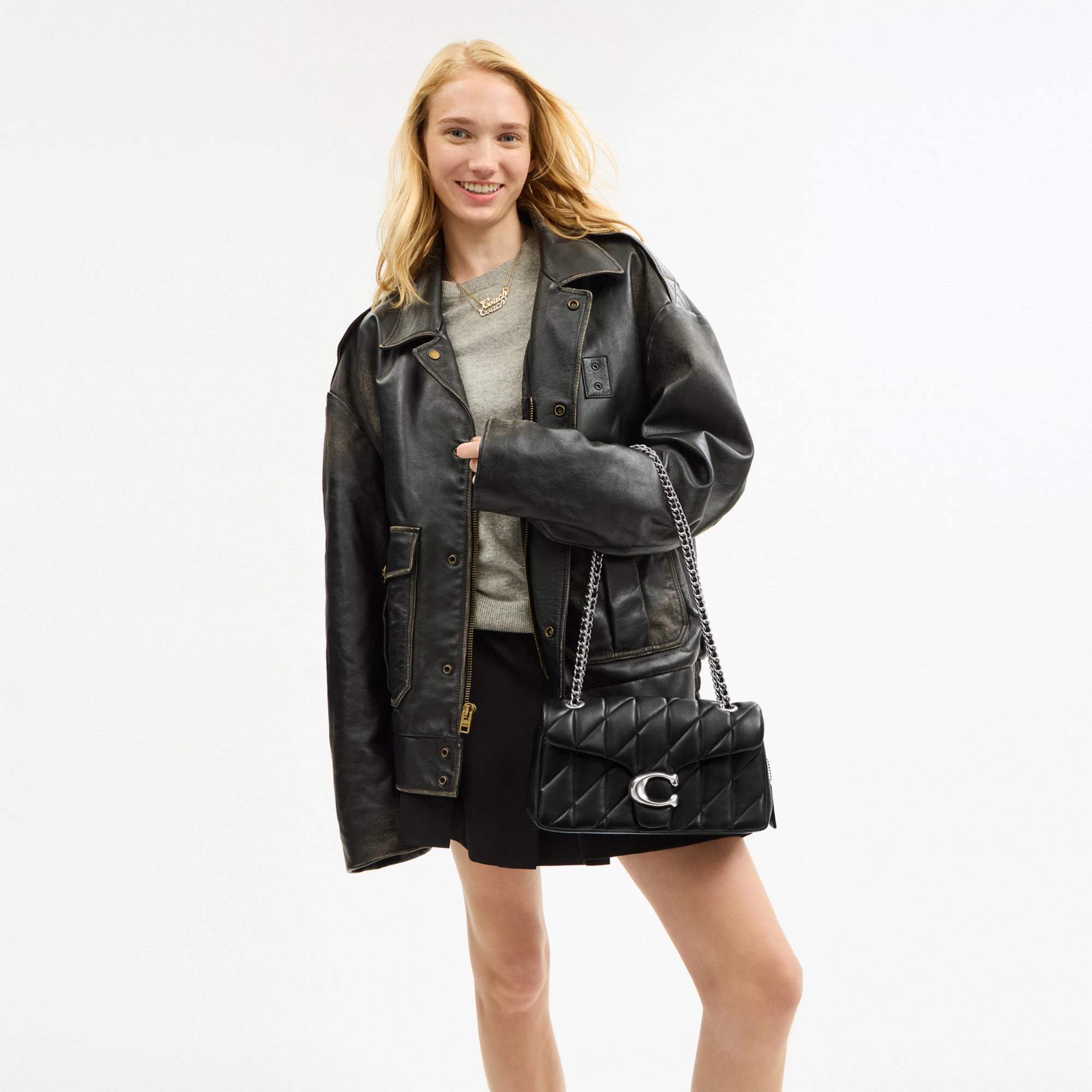 COACH®,Tabby Shoulder Bag 26 With Pillow Quilting,Leather,Shoulder Bag,Metal,Logo,Shoulder Guard,Silver Metal,Day Party,Black,Detail View