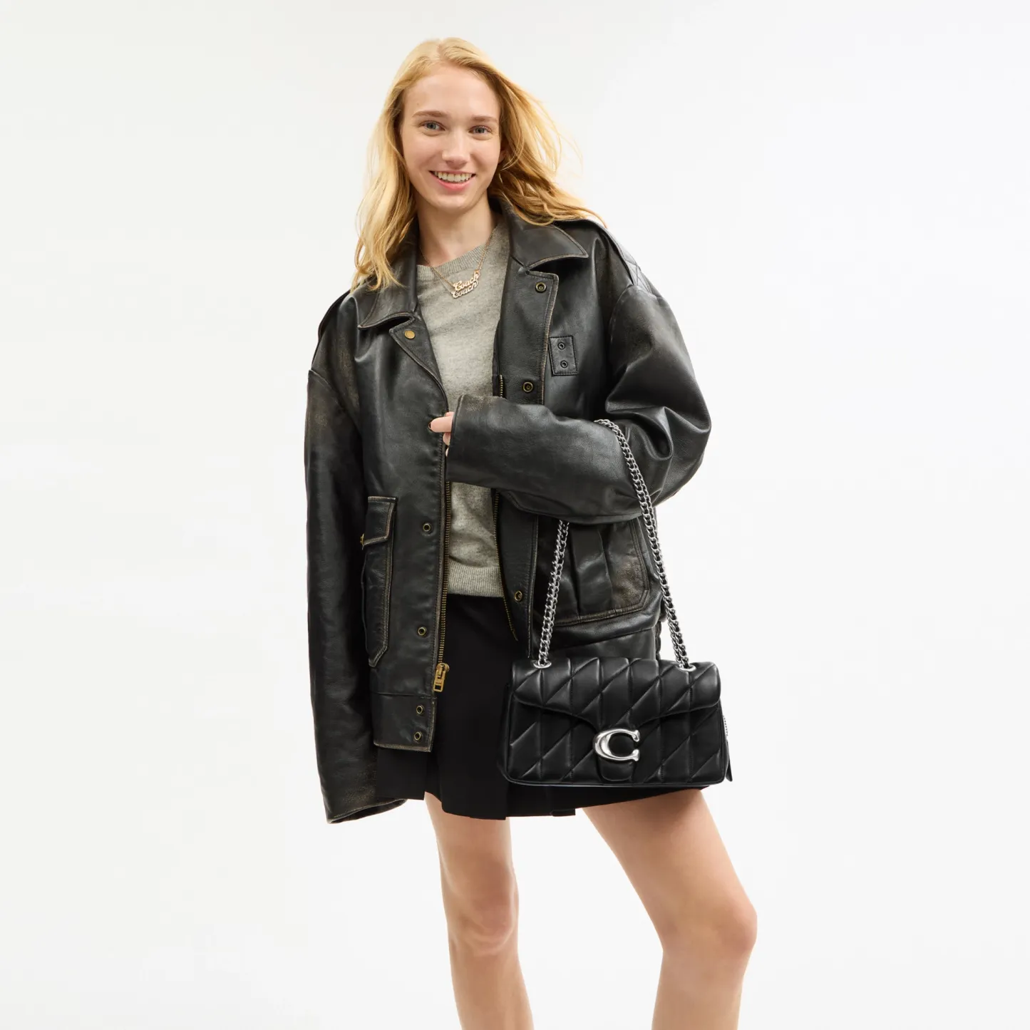 COACH®,Tabby Shoulder Bag 26 With Pillow Quilting,Leather,Shoulder Bag,Metal,Logo,Shoulder Guard,Silver Metal,Day Party,Black,Detail View
