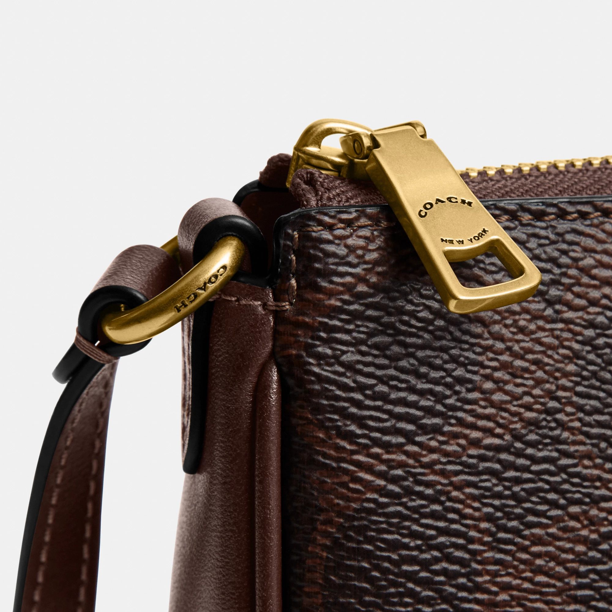 COACH®,Plaza Bag In Signature Canvas,Canvas,Wristlet,Shoulder Bag,Color Block,Pendant,Logo,Lined,Luggage Tag,Compact,Gold ...,Brown,Closer View