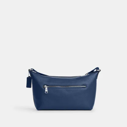 COACH®,Small Finn Crossbody Bag With Pouch,Leather,Recycled Polyester,Crossbody,Pouch,Logo,Set,Adjustable,Silver Metal,Casual,Blue,Back View