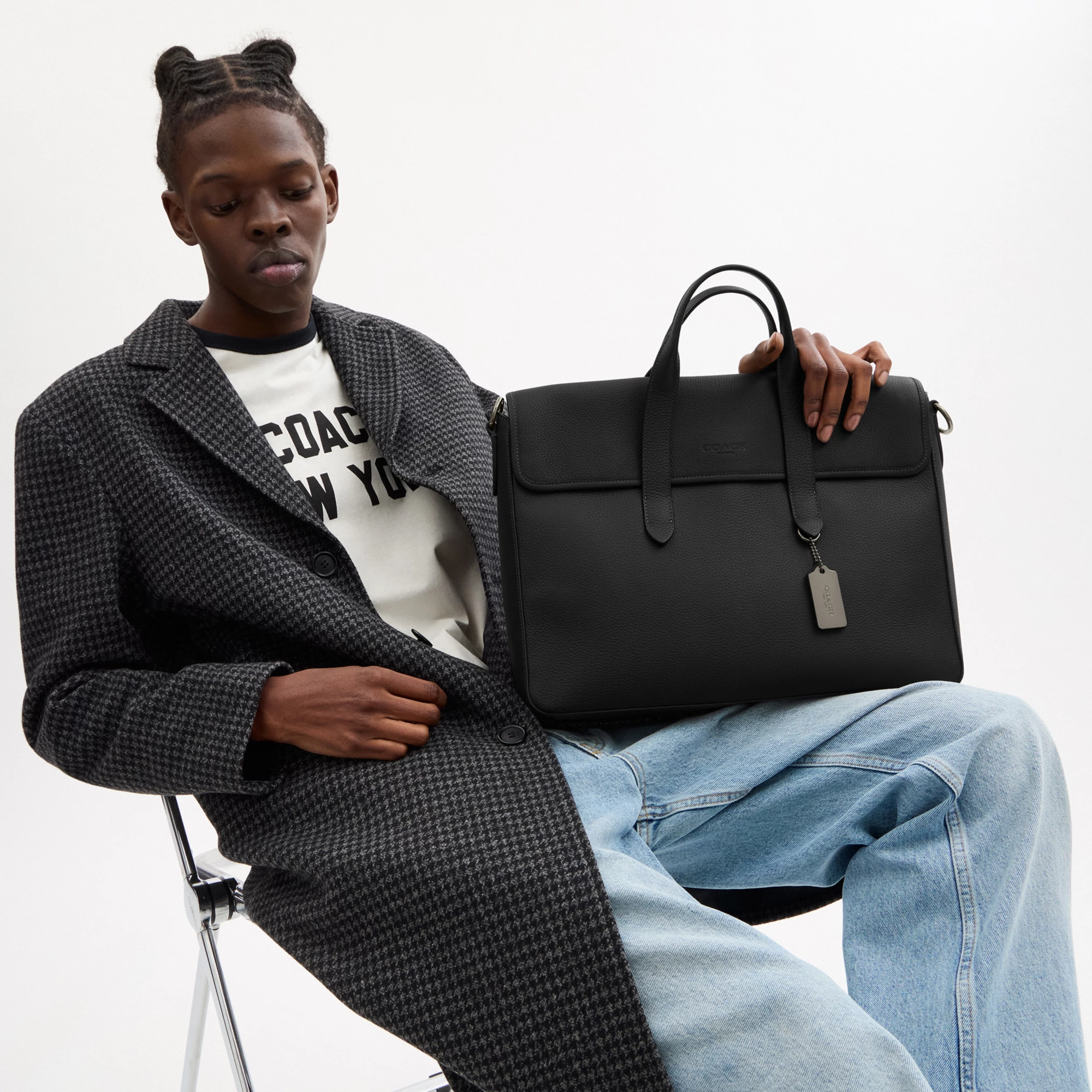 COACH®,Sullivan Portfolio Brief,Leather,Briefcase,Gunmetal,Work,Black,Detail View