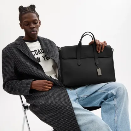 COACH®,Sullivan Portfolio Brief,Leather,Briefcase,Gunmetal,Work,Black,Detail View